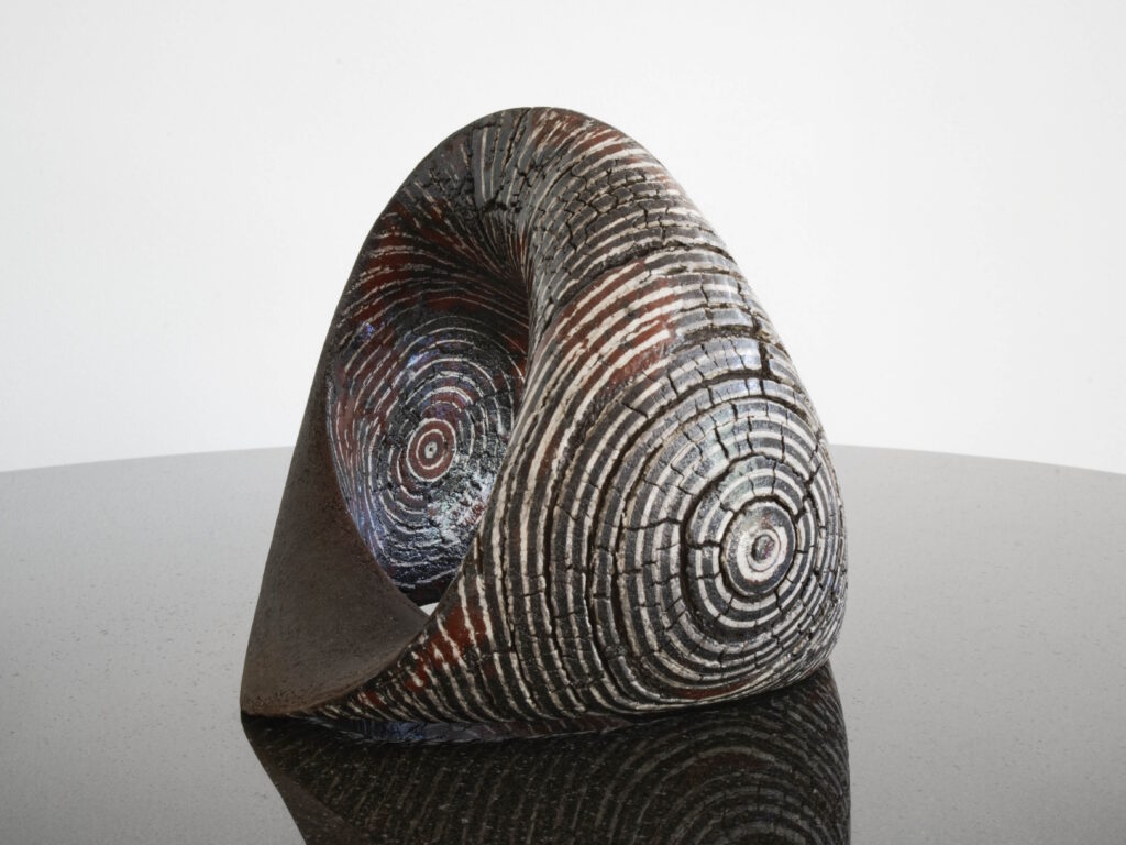Spherical Turn II, Modern Ceramic Sculpture, Red Clay, Porcelain Slip, Glaze, Raku fired from Sabine Classen